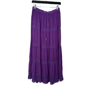 Y2K Style Style Style Purple Rayon Tiered Maxi Skirt Eyelet Crochet Lace Boho